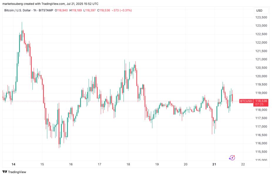 Gráfico de precios de Bitcoin (BTC) en USD, mostrando la acción del precio por hora entre el 14 y el 22 de julio de 2025, destacando fluctuaciones y niveles de soporte.