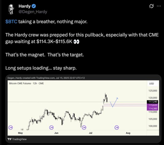 Gráfico de precios de futuros de Bitcoin (CME) mostrando la tendencia de precios con niveles de soporte y resistencia indicados.