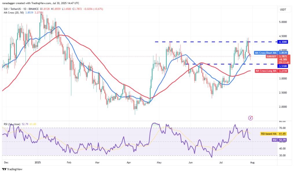 Gráfico de precios de SUI frente a Tether (USDT) mostrando niveles de soporte y resistencia, junto con medias móviles y el índice de fuerza relativa (RSI).