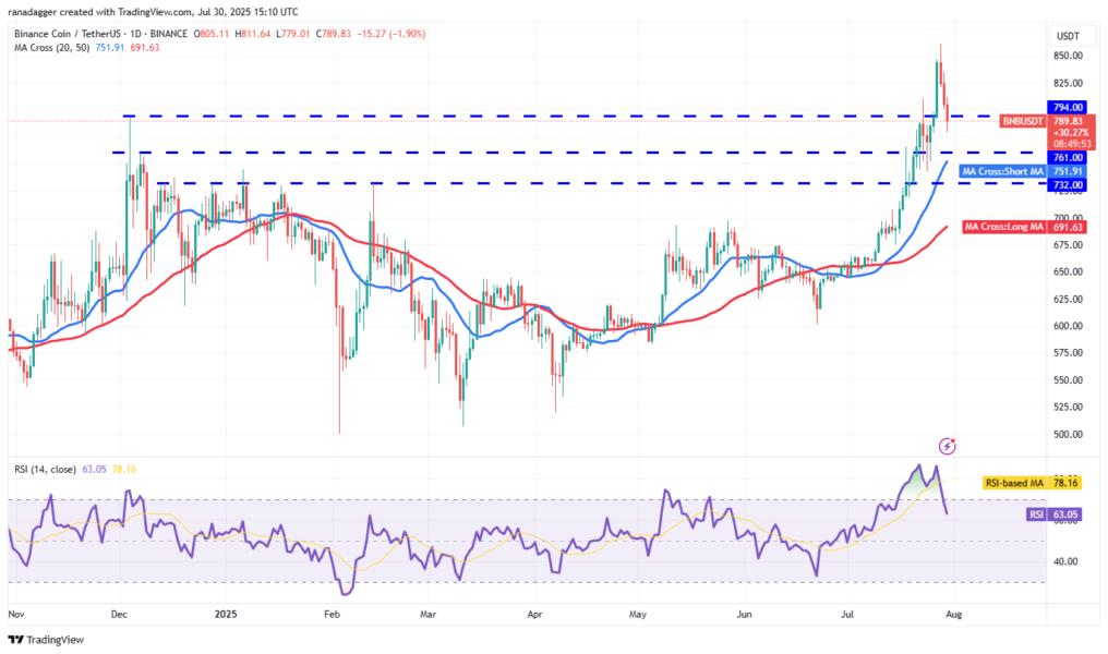 Gráfico de análisis técnico de Binance Coin (BNB) frente a Tether (USDT) con indicadores de precios y medias móviles. Destacan niveles de resistencia y soporte, así como el índice de fuerza relativa (RSI) en la parte inferior.