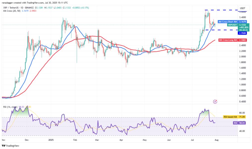 Gráfico de precios de XRP/Tether (XRP/USDT) mostrando medias móviles y el RSI al 58.03, indicando resistencia en USD 3.40 y soporte en USD 2.95.