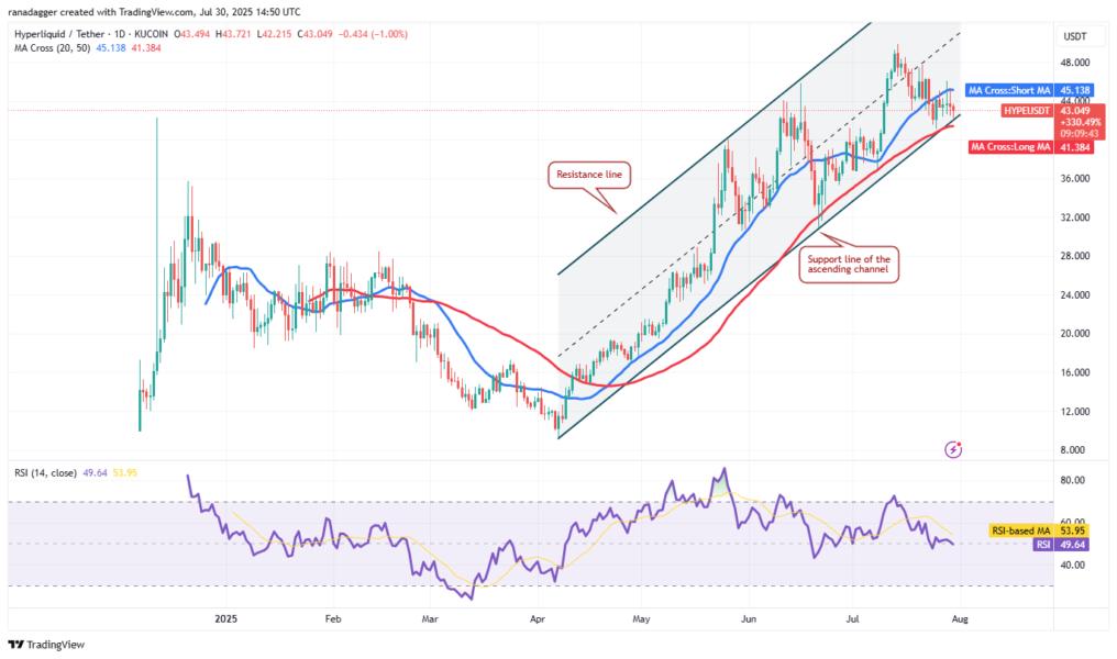 Gráfico de precios de Hyperliquid (HYPE) frente a Tether (USDT) mostrando líneas de soporte y resistencia, junto con el cruce de medias móviles y el índice de fuerza relativa (RSI).