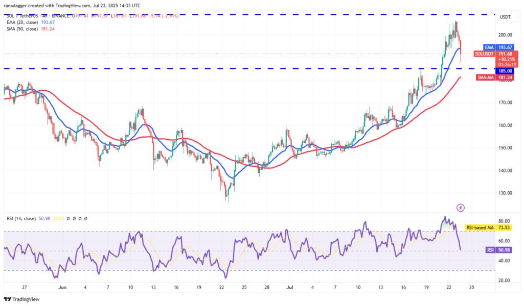 Gráfico de precios de Solana (SOL) mostrando las medias móviles exponencial y simple, niveles de resistencia y soporte, y el índice de fuerza relativa (RSI).
