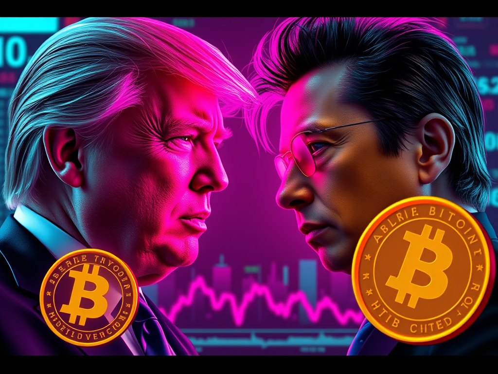 Retrato artístico de Donald Trump y Elon Musk enfrentándose, con monedas de Bitcoin en primer plano y un gráfico de mercado en el fondo.