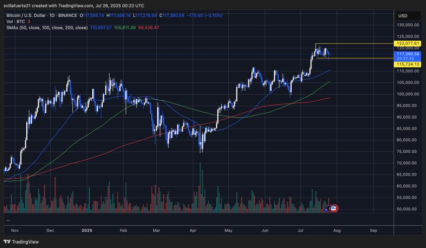 Gráfico diario de Bitcoin que muestra su precio en relación con el USD, con niveles clave de soporte y resistencia, incluyendo SMA de 50, 100 y 200 días.