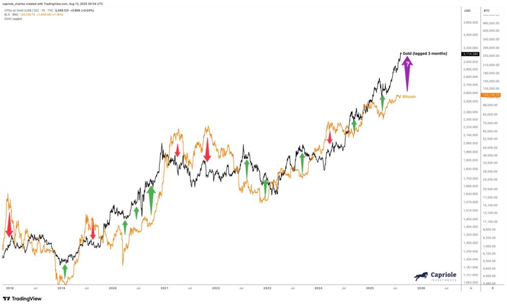 Gráfico que muestra la correlación entre el precio de Bitcoin y el oro a lo largo del tiempo, destacando los principales picos y descensos en ambos activos, con anotaciones que indican la relación temporal entre ellos.