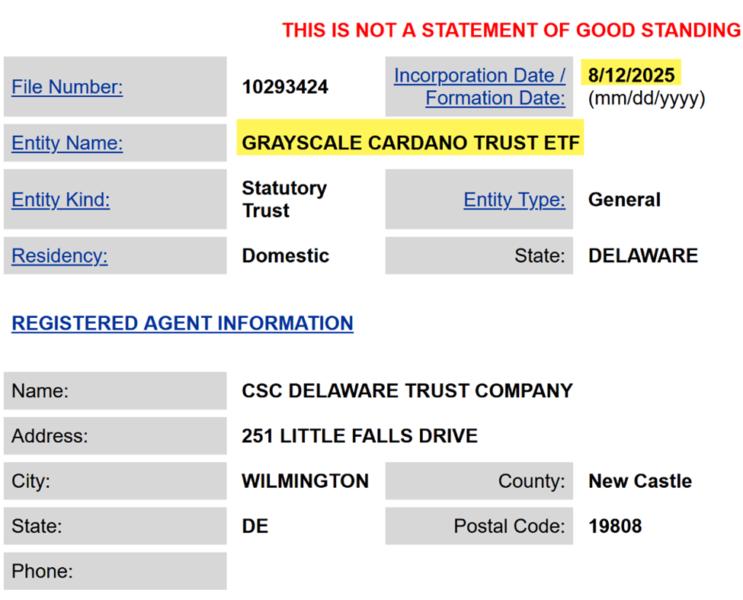 Documento oficial del registro del Grayscale Cardano Trust ETF, mostrando detalles como la fecha de formación, tipo de entidad y dirección del agente registrado en Delaware.
