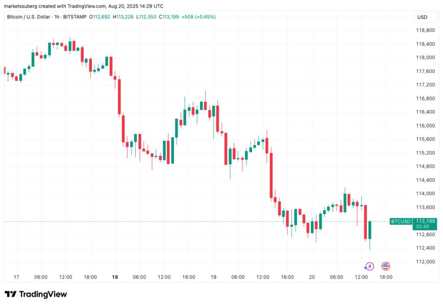 Gráfico de precios de Bitcoin (BTC) en relación al dólar estadounidense, mostrando una caída reciente por debajo de los $113,000 con fluctuaciones entre los $112,300 y $118,400.
