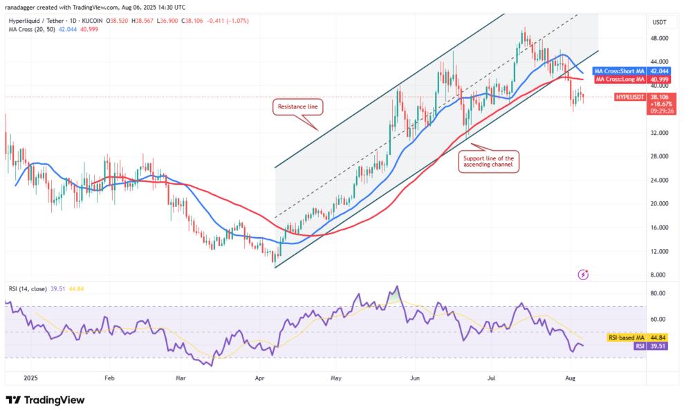 Gráfico de precios de Hyperliquid (HYPE) contra Tether (USDT) mostrando líneas de tendencia, promedios móviles y el índice de fuerza relativa (RSI).
