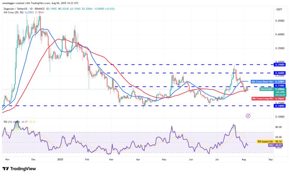 Gráfico de Dogecoin (DOGE) contra Tether (USDT) que muestra líneas de media móvil (SMA de 20 días en azul, SMA de 50 días en rojo) y niveles de soporte y resistencia, con un RSI que indica condiciones de mercado.