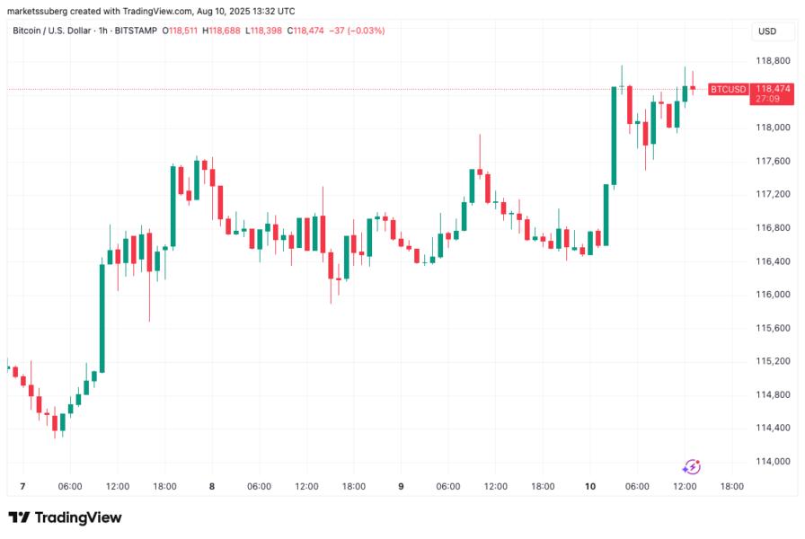 Gráfico de precios de Bitcoin contra el dólar estadounidense, mostrando fluctuaciones en el valor a lo largo del tiempo, con detalles de precios específicos en la parte superior derecha.