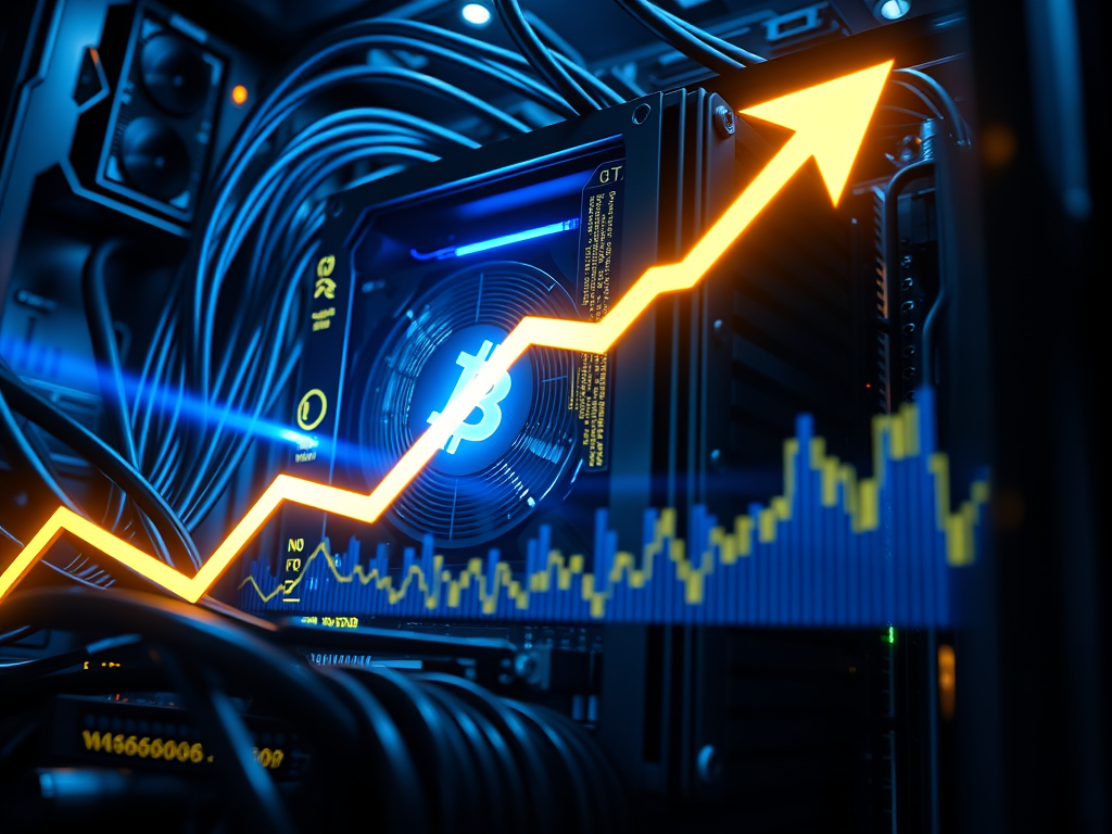 A close-up image of a computer server with multiple cables, featuring a blue fan displaying a Bitcoin symbol. An upward trending graph in orange overlays the server, indicating growth in Bitcoin value.