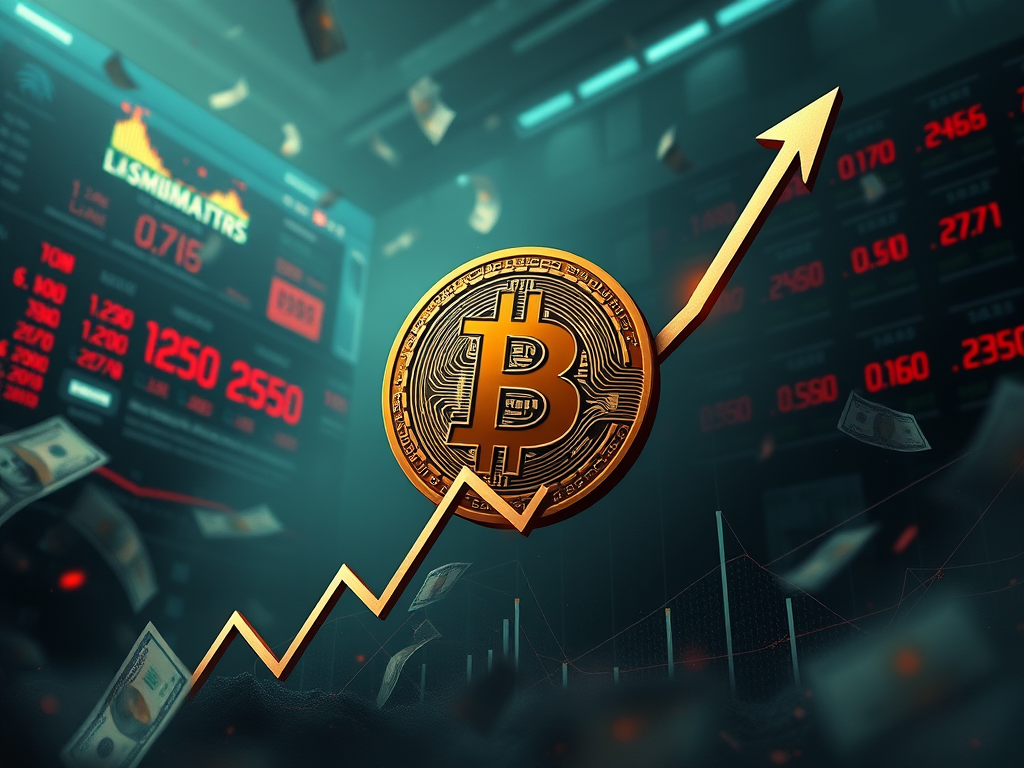 A digital representation of Bitcoin with an upward trend graph, surrounded by floating dollar bills, set against a backdrop of a cryptocurrency trading screen.