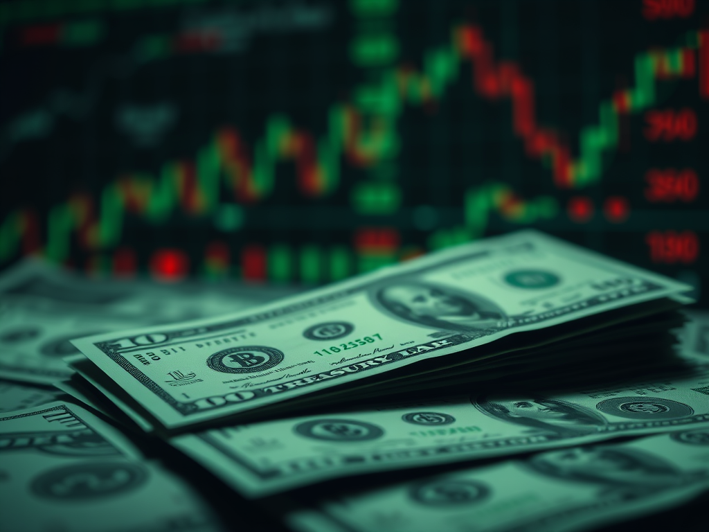 Close-up of stacked hundred dollar bills with a blurred stock market chart in the background.