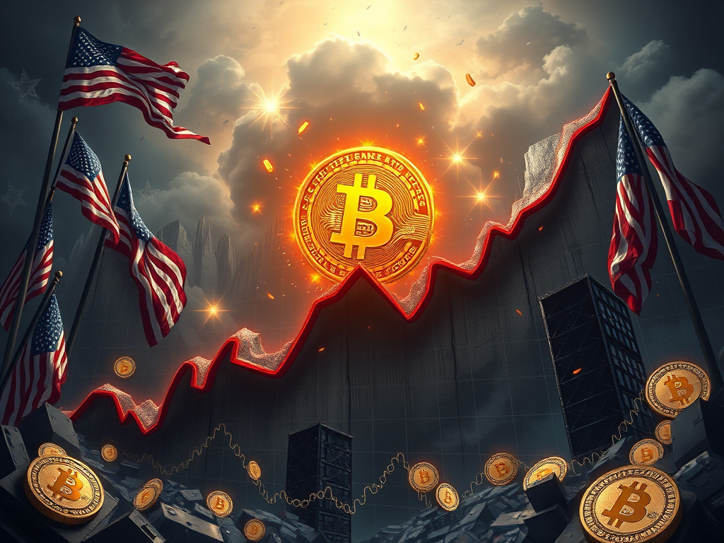 A visual representation of Bitcoin's rise in value, featuring gold Bitcoin coins, a chart with an upward trend, and American flags in the background under a dramatic sky.