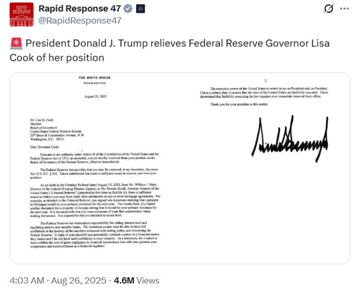Carta del Presidente Donald J. Trump informando sobre el despido de la Gobernadora de la Reserva Federal, Lisa Cook, con fecha el 23 de agosto de 2025.