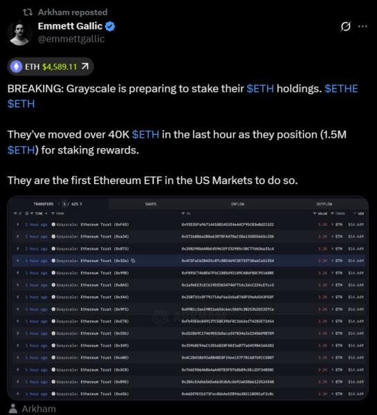 Captura de pantalla de un tuit que anuncia que Grayscale se está preparando para poner en staking su Ether (ETH), incluyendo información sobre transferencias recientes y su posición en el mercado de ETF de Ethereum.
