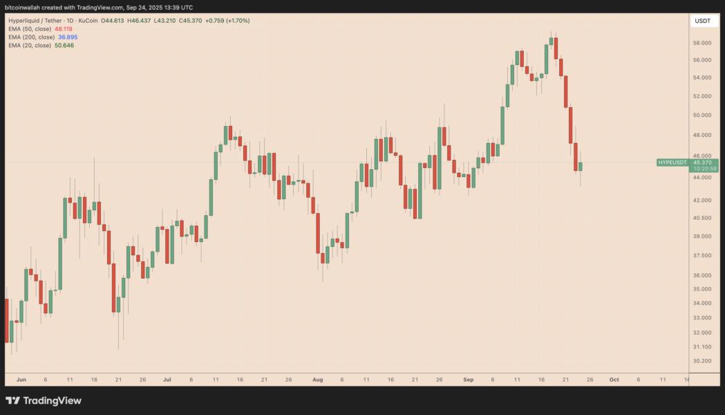 Gráfico de precios del token Hyperliquid (HYPE) frente al Tether (USDT) que muestra fluctuaciones en el valor desde junio hasta principios de octubre de 2023.