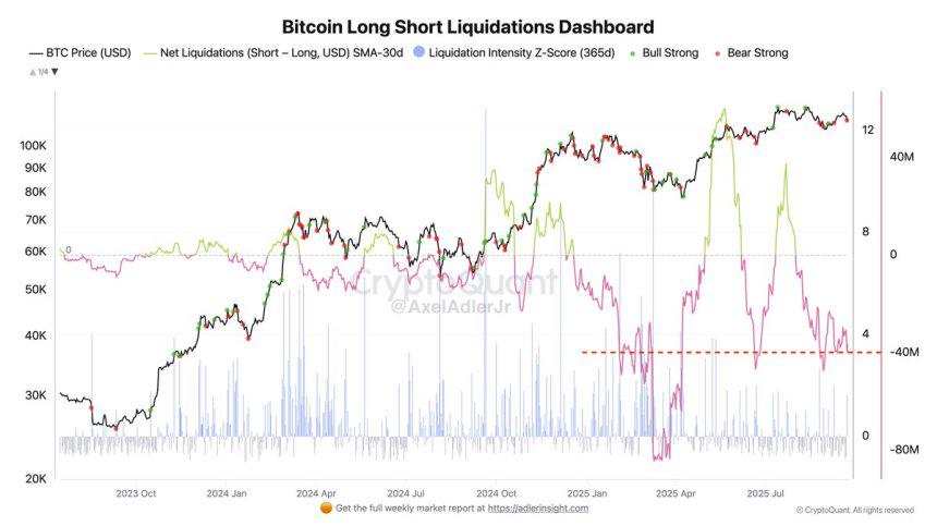 Gráfico de liquidaciones de Bitcoin que muestra el precio de BTC, liquidaciones netas y la intensidad de liquidación a lo largo del tiempo.