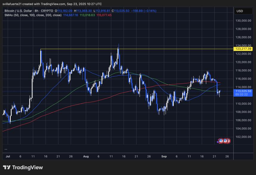 Gráfico de precios de Bitcoin (BTC) frente al dólar estadounidense, mostrando tendencias y niveles de soporte y resistencia entre $110,000 y $124,000.