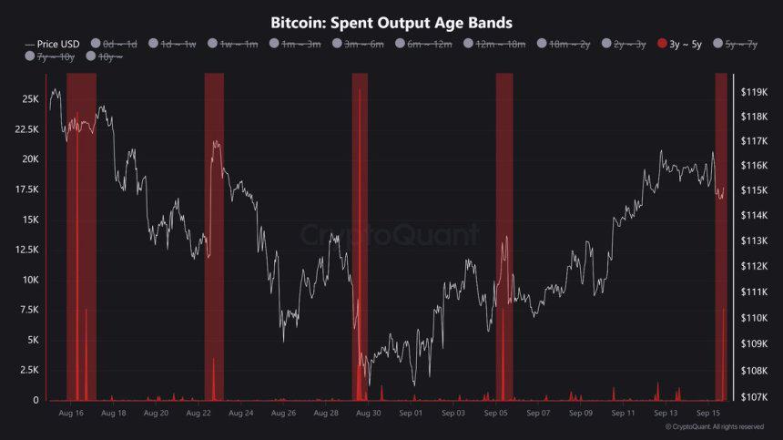 Gráfico que muestra las bandas de edad de salida de Bitcoin gastado, con el precio en USD representado, destacando las fluctuaciones entre diferentes períodos y cambios significativos en el valor de Bitcoin.