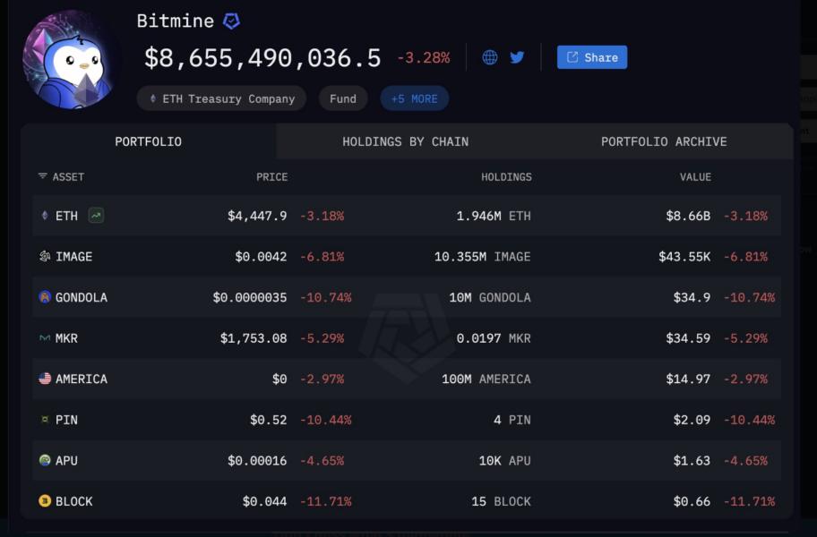 Captura de pantalla de la cartera de la empresa BitMine, mostrando los activos y su valor total en Ethereum (ETH) y otras criptomonedas.