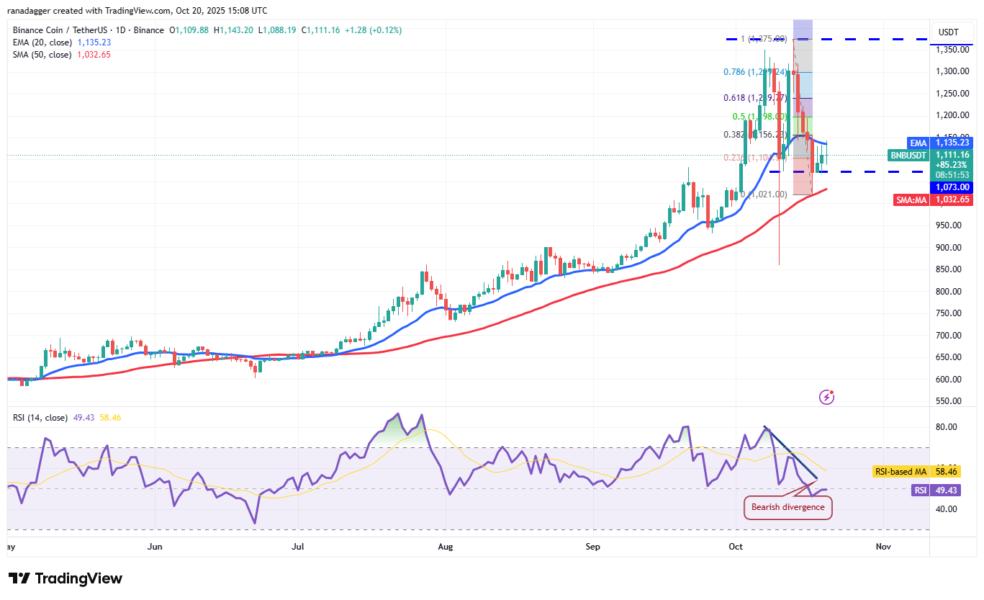 Gráfico de análisis técnico de Binance Coin (BNB) frente a Tether (USDT), mostrando tendencias de precios, medias móviles y el índice de fuerza relativa (RSI) desde enero a octubre de 2023.
