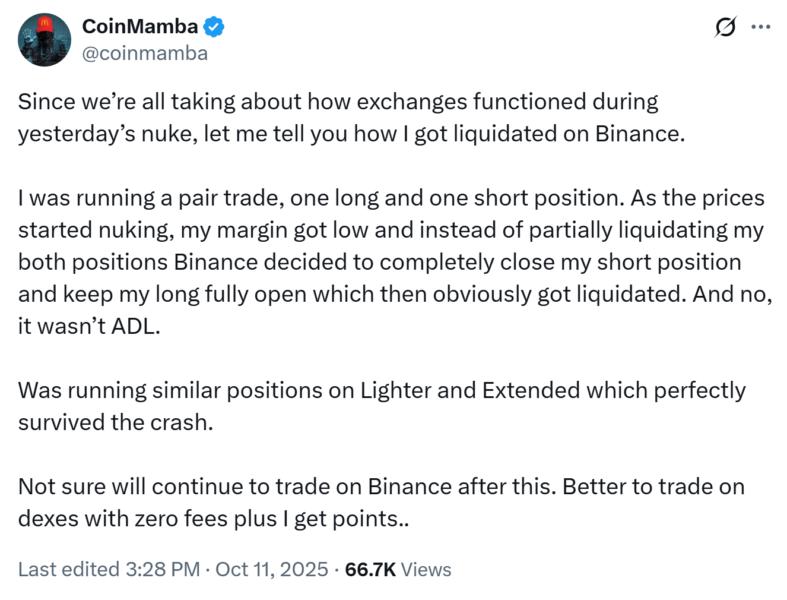 Captura de pantalla de un tweet de CoinMamba, donde comparte su experiencia acerca de liquidaciones en el exchange Binance durante una caída del mercado.