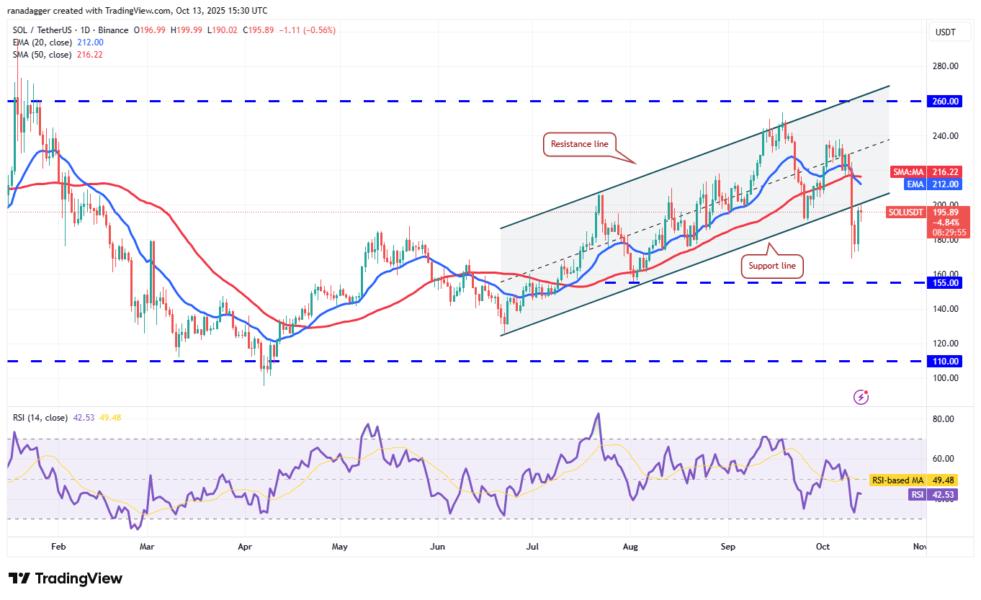 Gráfico del precio de Solana (SOL) frente a Tether (USDT) que muestra líneas de resistencia y soporte, medias móviles (SMA y EMA), y el índice de fuerza relativa (RSI) en un marco temporal diario.