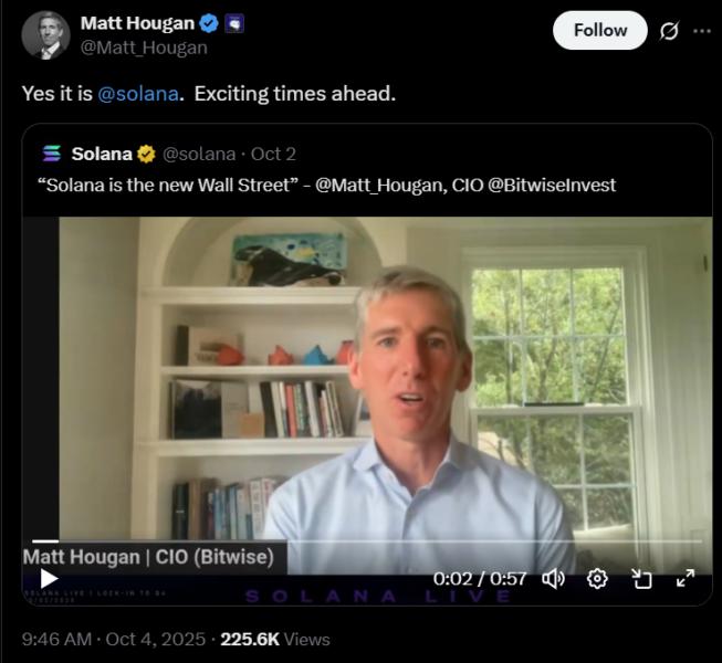 Matt Hougan, CIO de Bitwise, habla sobre el potencial de Solana como la nueva Wall Street en una transmisión en vivo.