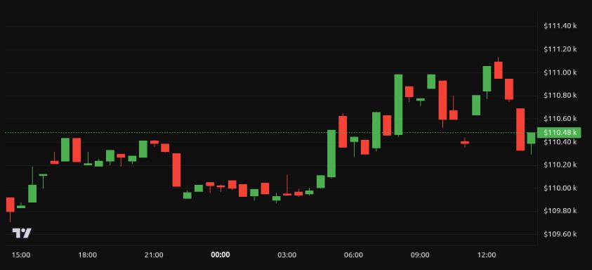 Gráfico de precios de Bitcoin (BTC) mostrando fluctuaciones con velas de colores rojo y verde, indicando cambios en el valor que se mantiene alrededor de $110,48k.