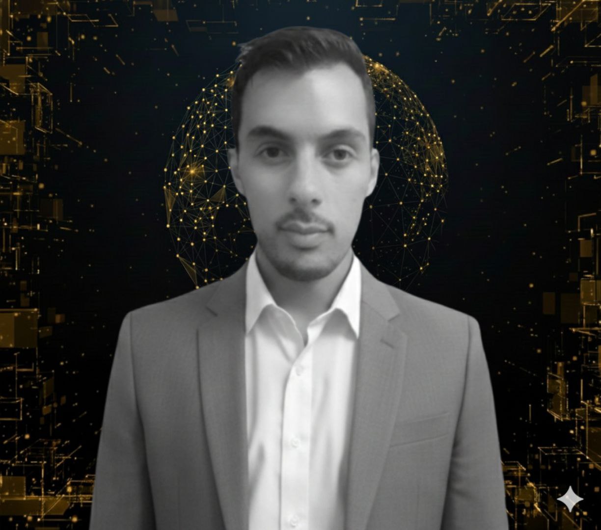 Imagen de Felipe Tobar, profesor de Trading y Análisis de Mercados, con un fondo de diseño digital que representa una red global.