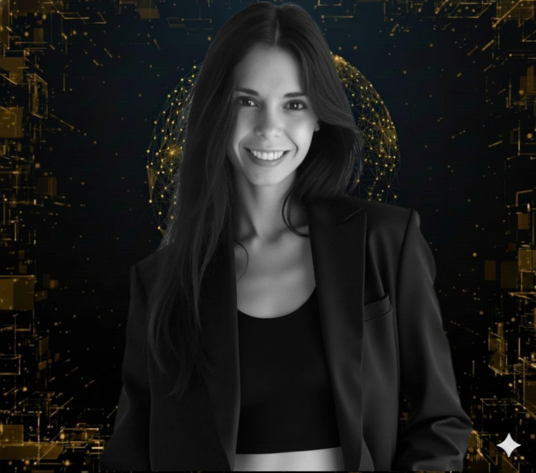 Retrato de una mujer sonriendo, vestida con un blazer negro, frente a un fondo digital con patrones de luces y formas geométricas que evocan tecnología y blockchain.